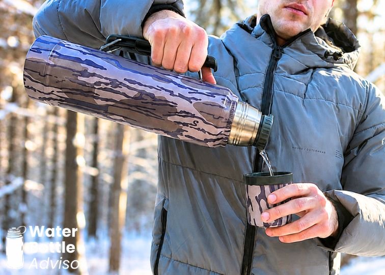 Jeremiah Kowalski pouring liquid from the Stanley Classic Legendary Bottle 1.1 QT into the cup outdoors