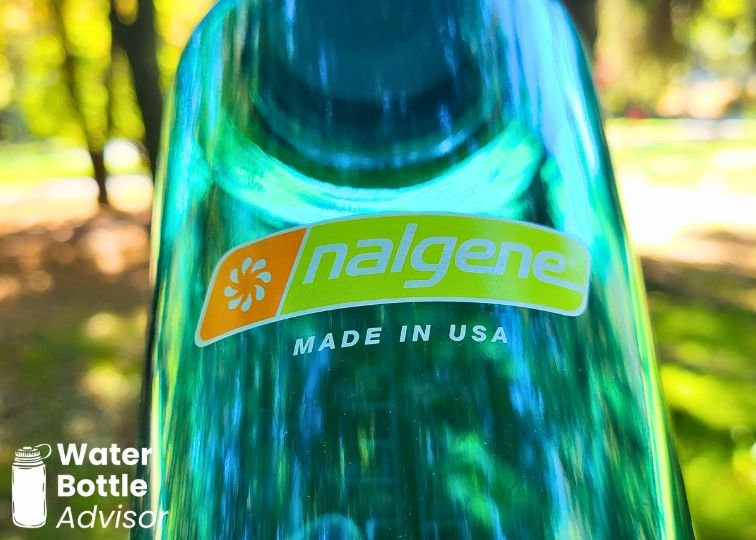 Close-up of a Nalgene bottle logo with Made in USA text