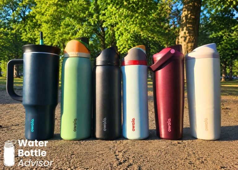 Owala bottles and tumblers lined up outdoors in a park for size and design comparison