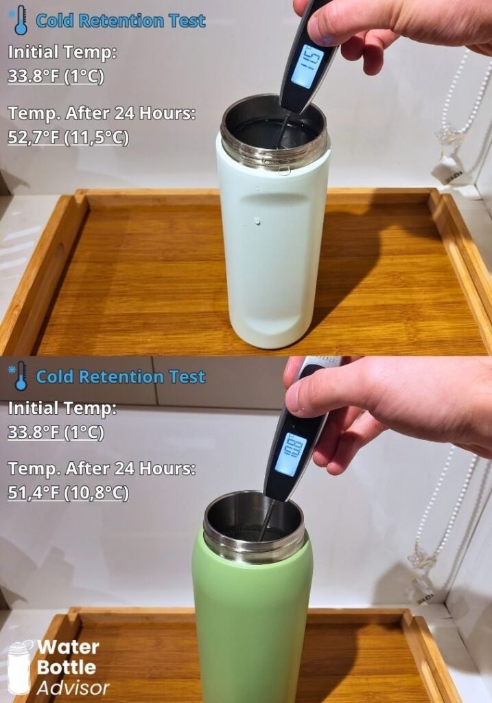 Owala FreeSip 24 oz and 40 oz bottles tested with a thermometer for cold retention after 24 hours
