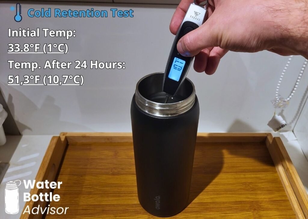 Owala FreeSip 32 oz bottle tested with a thermometer for cold retention after 24 hours