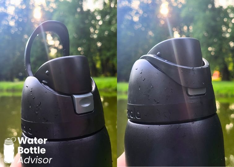 Close-up of the Owala FreeSip 32 oz bottle showing the carry loop covering the push button