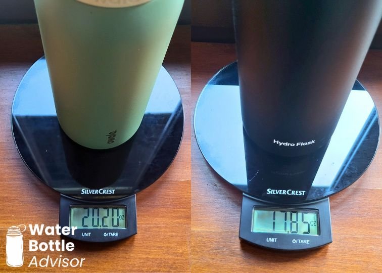 Owala FreeSip 40 oz and Hydro Flask 40 oz bottles on a kitchen scale showing their empty weights