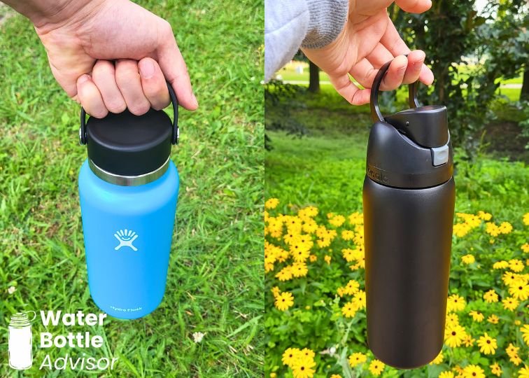 Owala FreeSip and Hydro Flask bottles being carried by their lid handles outdoors