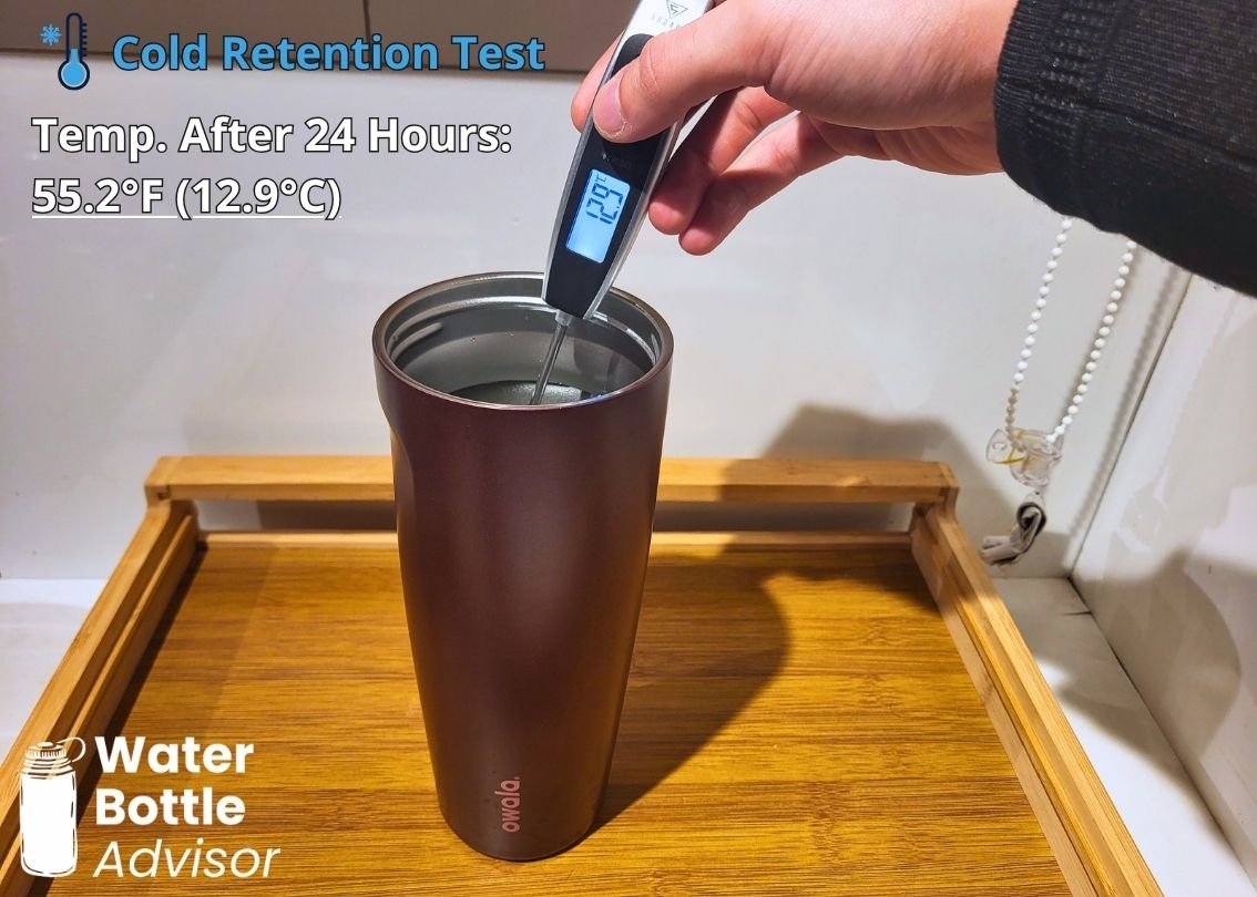 Owala FreeSip Sway 30 oz bottle tested with a thermometer for cold retention after 24 hours