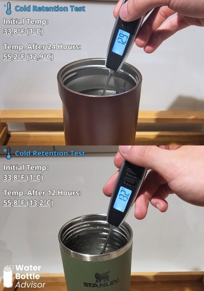 Owala FreeSip Sway 30 oz and Stanley IceFlow 30 oz cold retention test showing temperature results with a digital thermometer