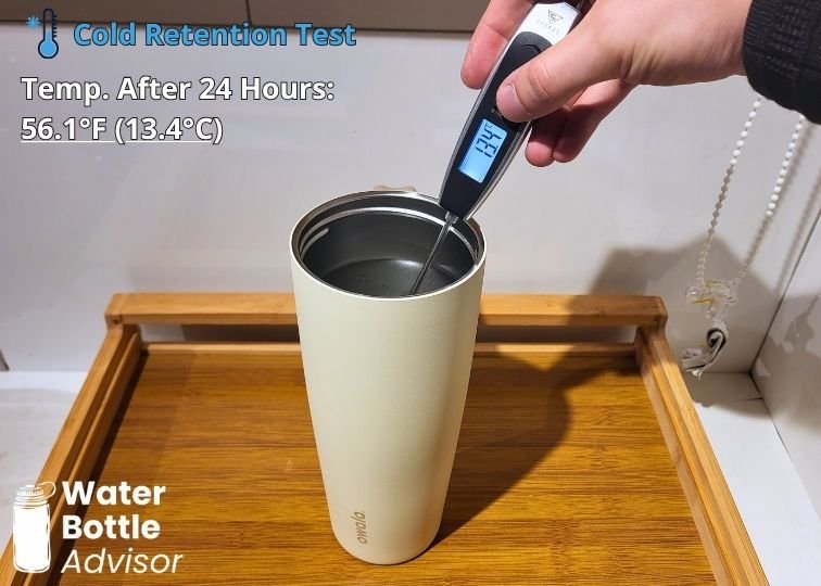 Owala FreeSip Tumbler 30 oz tested with a thermometer for cold retention after 24 hours