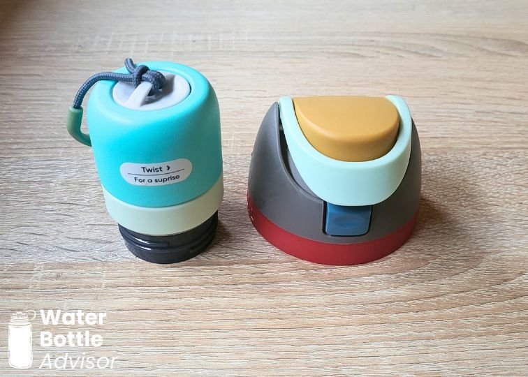 Owala FreeSip Twist lid and regular Owala FreeSip lid shown side by side for comparison