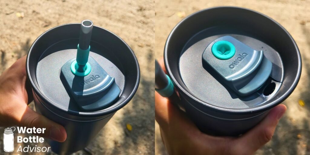 Close-up of the Owala Tumbler 40 oz lid showing the straw opening and drinking opening