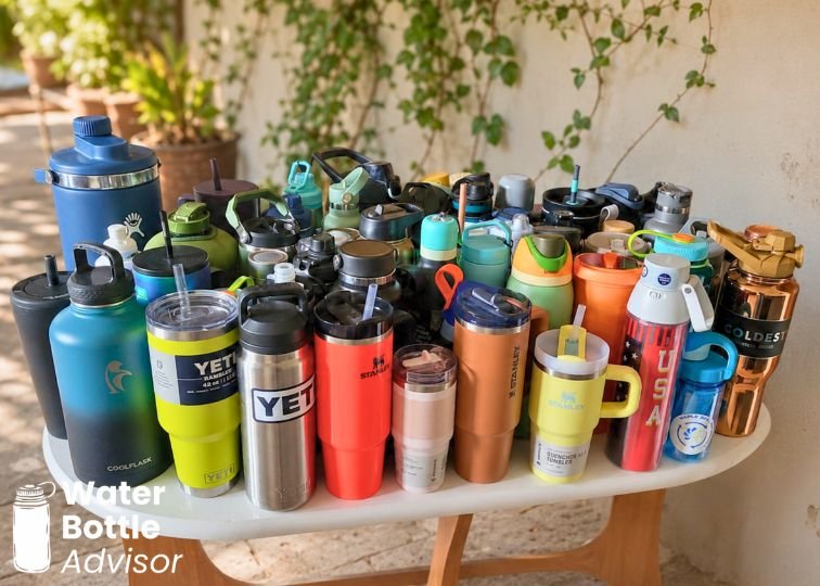 Collection of reusable water bottles and tumblers from various brands displayed on an outdoor table