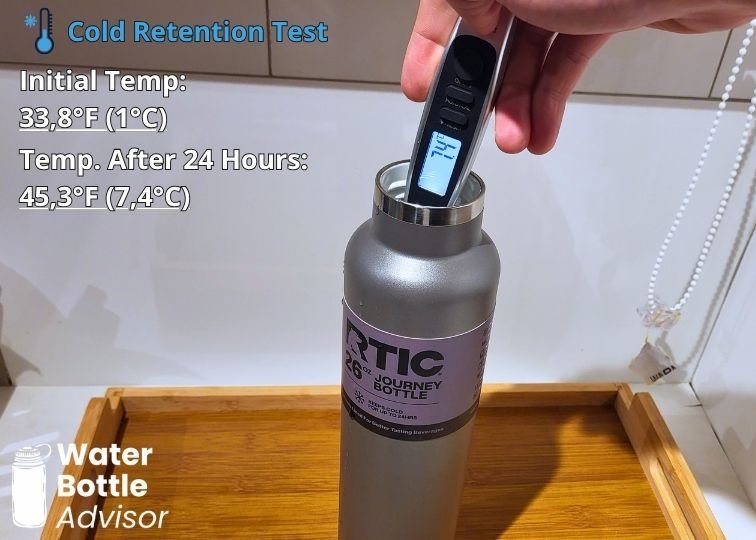 RTIC Journey 26 oz bottle tested with a thermometer for cold retention after 24 hours