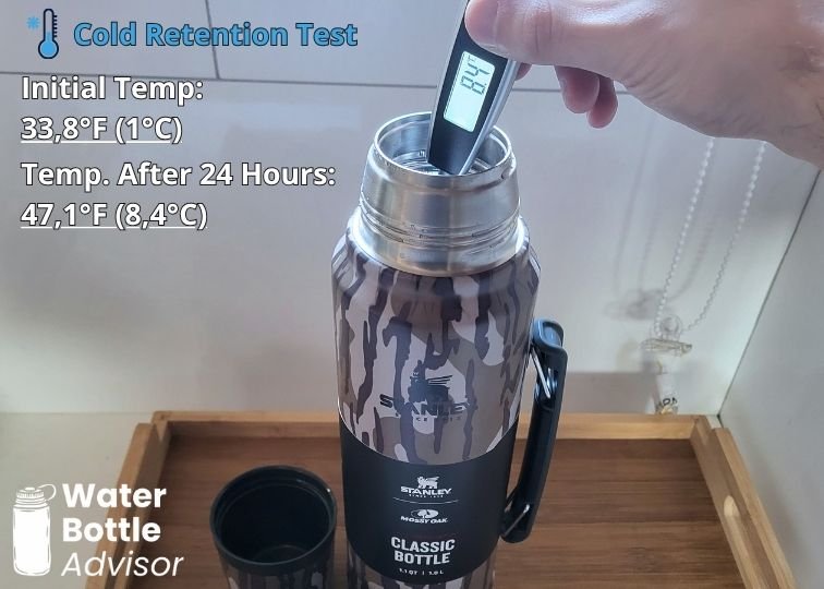 Stanley Classic Legendary 1.1QT bottle tested with a thermometer for cold retention after 24 hours