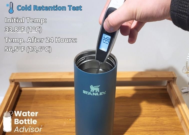 Stanley FlowState Spring Bottle 20 oz tested with a thermometer for cold retention after 24 hours