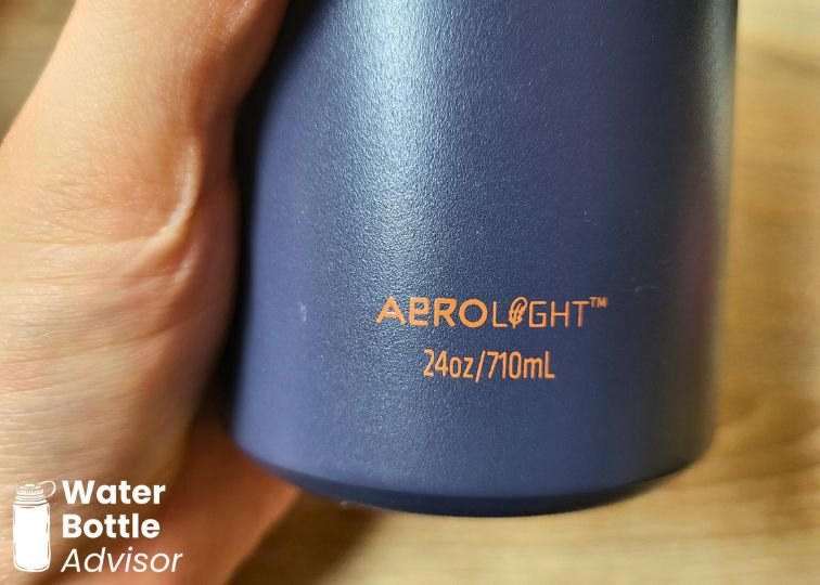 Close-up of the Stanley IceFlow 24 oz bottle showing the AeroLight label and 24 oz capacity marking