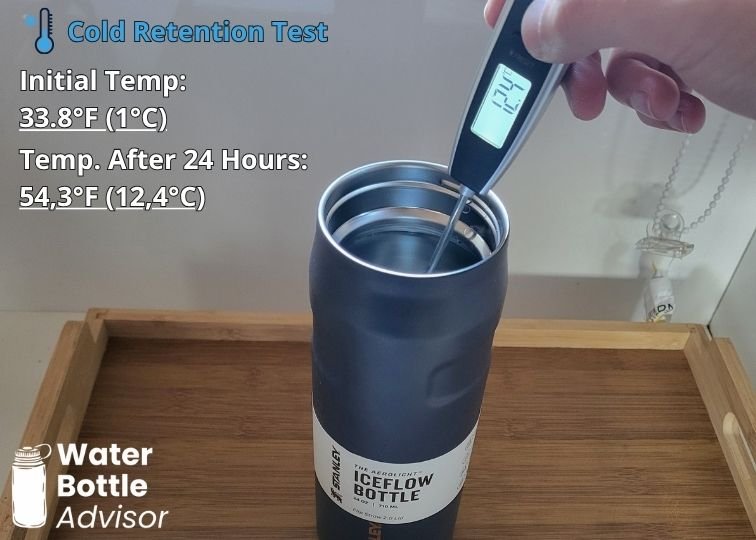 Stanley IceFlow 24 oz bottle tested with a thermometer for cold retention after 24 hours