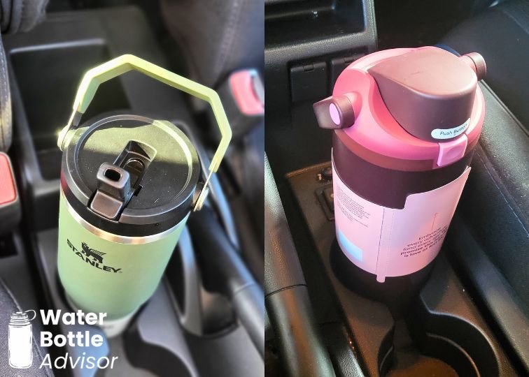 Stanley IceFlow 30 oz and Owala FreeSip Sway 30 oz sitting in car cup holders