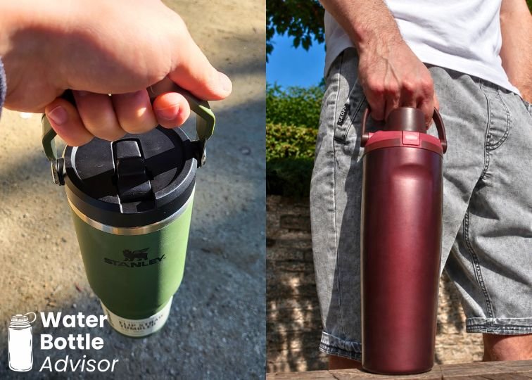 Stanley IceFlow 30 oz and Owala FreeSip Sway 30 oz bottles being carried by their lid handles