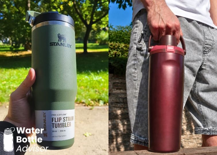 Stanley IceFlow 30 oz and Owala FreeSip Sway 30 oz bottles shown outdoors side by side