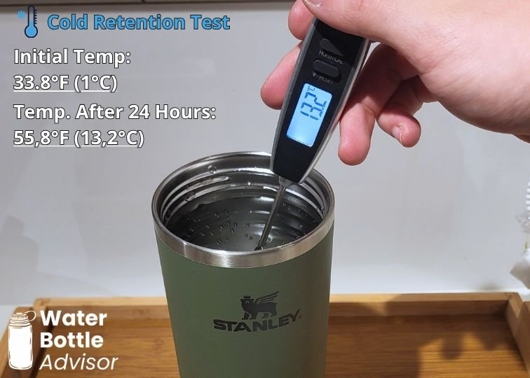 Cold retention test of the Stanley IceFlow Tumbler 30 oz showing 55.8°F after 24 hours