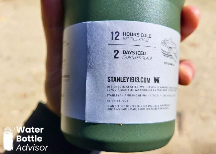 Stanley IceFlow Tumbler 30 oz label showing 12 hours cold and 2 days iced insulation claims