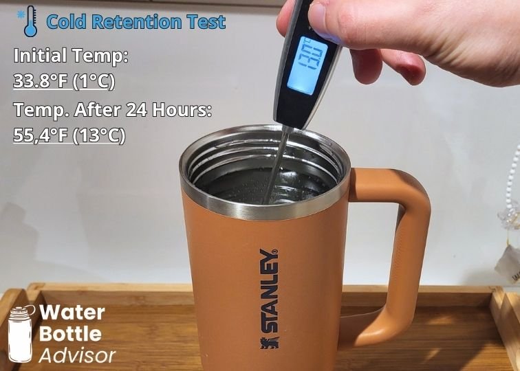 Stanley ProTour Tumbler 30 oz tested with a thermometer for cold retention after 24 hours