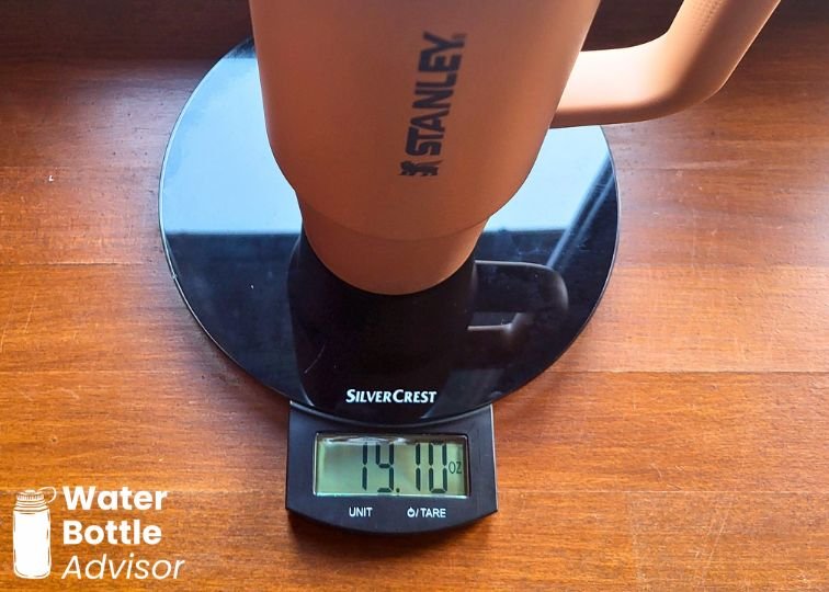 Stanley ProTour Tumbler 30 oz weighed empty on a digital kitchen scale showing 19.10 oz
