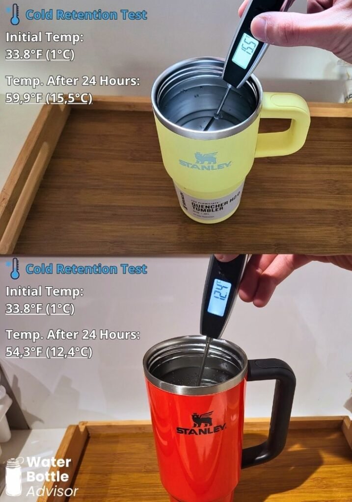 Stanley Quencher FlowState 20 oz and 30 oz tumblers tested with a thermometer for cold retention after 24 hours