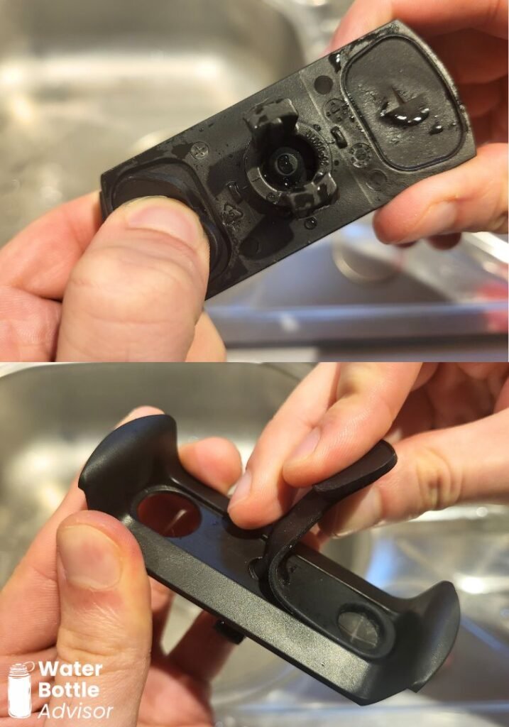 Close-up of the Stanley Quencher FlowState lid showing the silicone seal being removed for cleaning