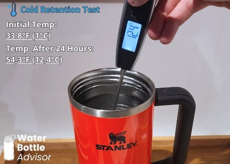 Stanley Quencher H2.0 FlowState 30 oz tumbler tested with a thermometer for cold retention after 24 hours