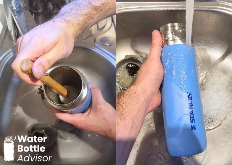 Stanley Quick-Flip Go 24 oz bottle being cleaned with a brush and rinsed under running water in a sink