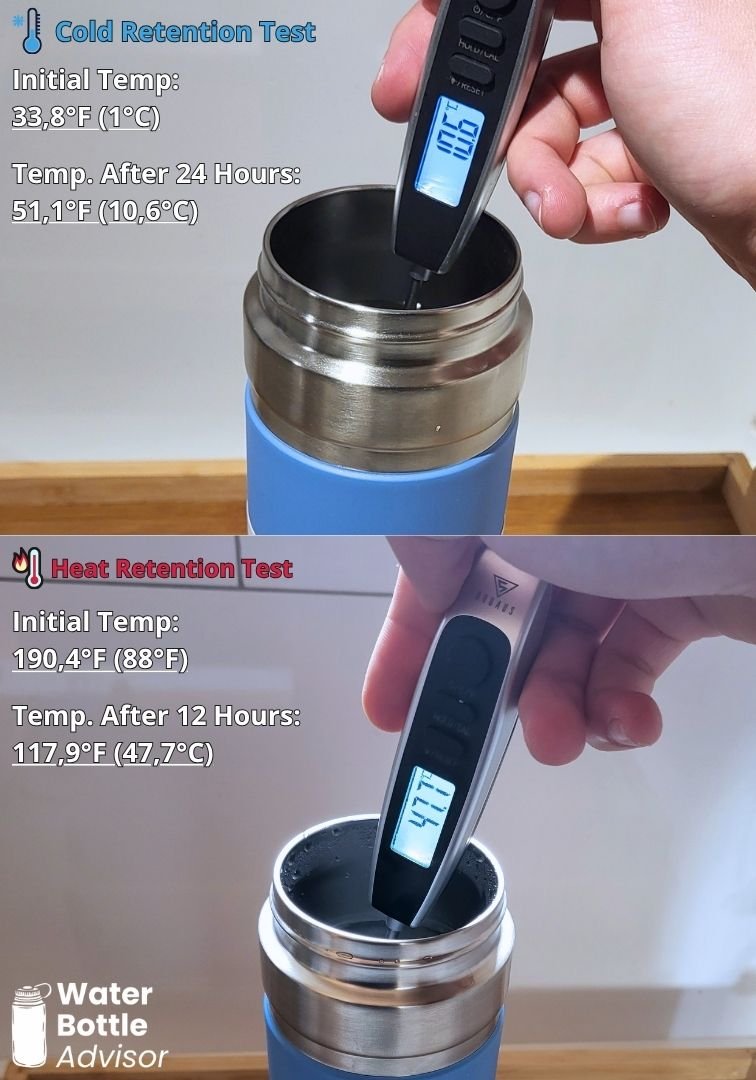 Stanley Quick-Flip Go 24 oz bottle tested with a thermometer for cold retention after 24 hours and heat retention after 12 hours
