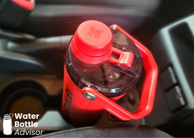 Stanley Vitalize Shaker Bottle sitting in a car cup holder
