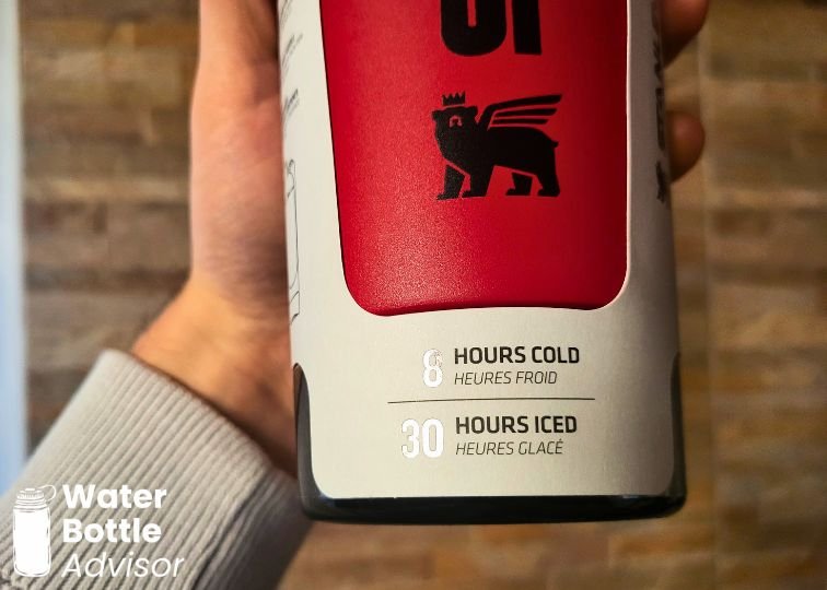 Close-up of the Stanley Vitalize Shaker Bottle label showing 8 hours cold and 30 hours iced retention claims