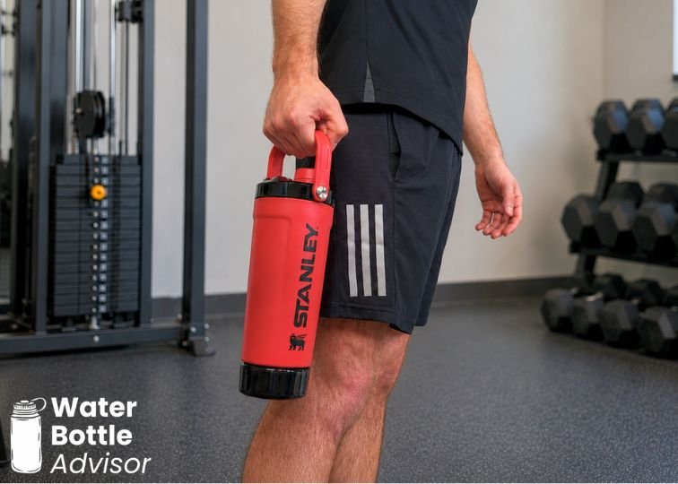 Person holding the Stanley Vitalize Shaker bottle by its handle in a gym