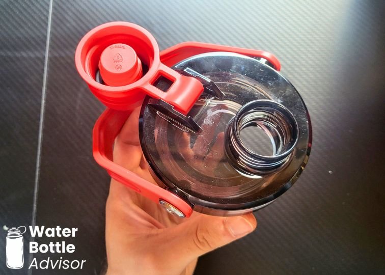 Close-up of the Stanley Vitalize Shaker Bottle lid showing the open drinking spout and carry handle