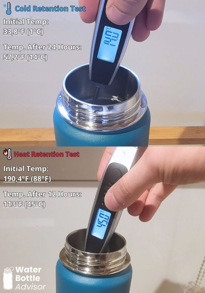 ThermoFlask 24 oz cold and heat retention test showing temperature results after 24 and 12 hours