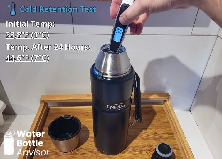 THERMOS Stainless King 40 oz bottle tested with a thermometer for cold retention after 24 hours