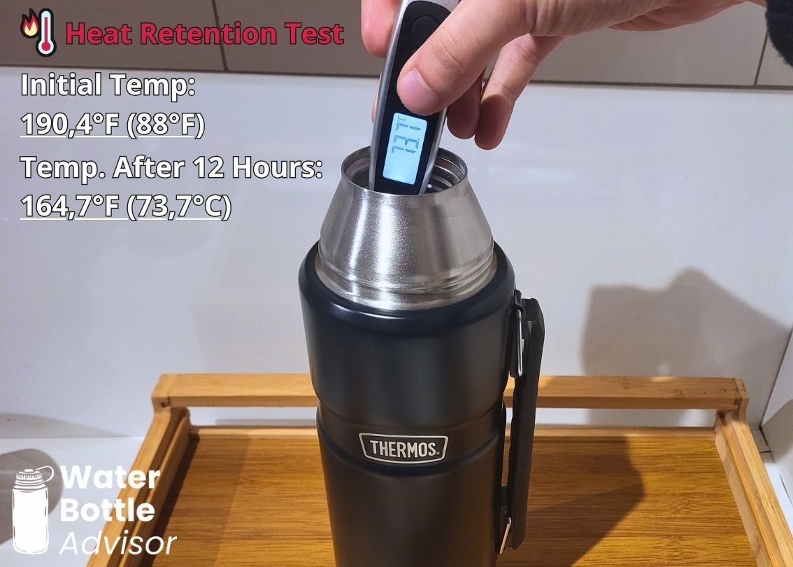THERMOS Stainless King 40 oz bottle tested with a thermometer for heat retention after 12 hours