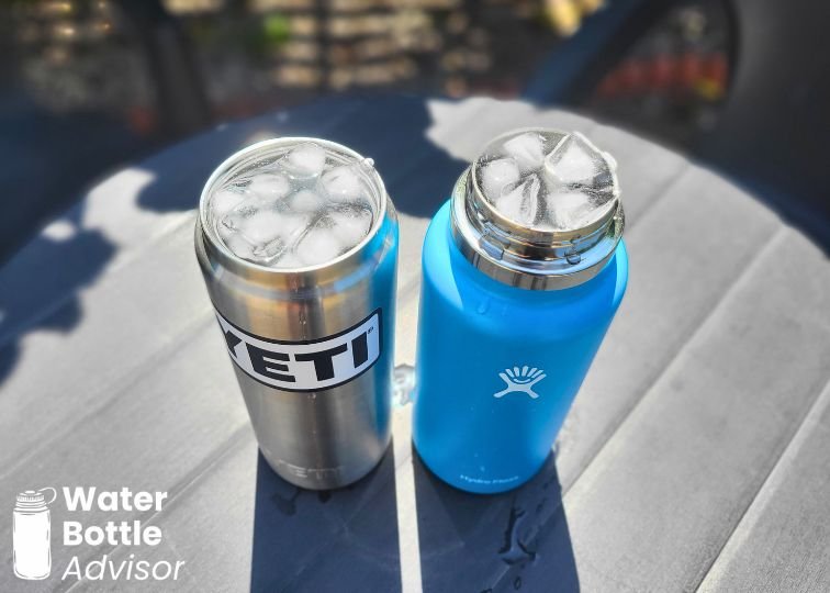 YETI Rambler 26 oz and Hydro Flask 32 oz bottles filled with ice outdoors