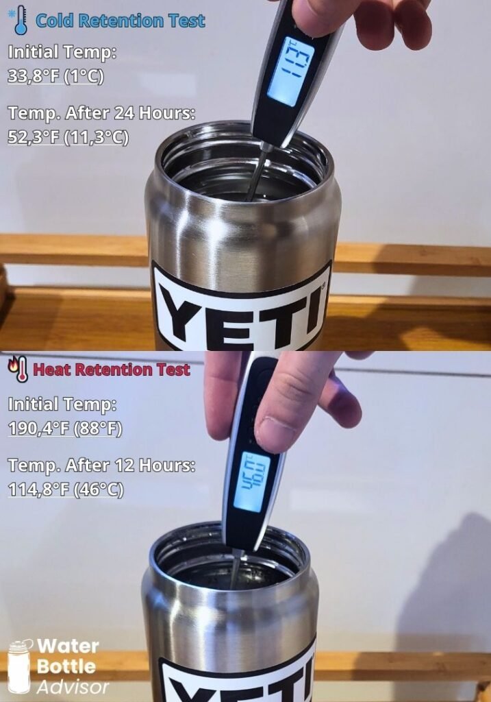 YETI Rambler 26 oz stainless steel water bottle tested with a thermometer for cold retention after 24 hours and heat retention after 12 hours