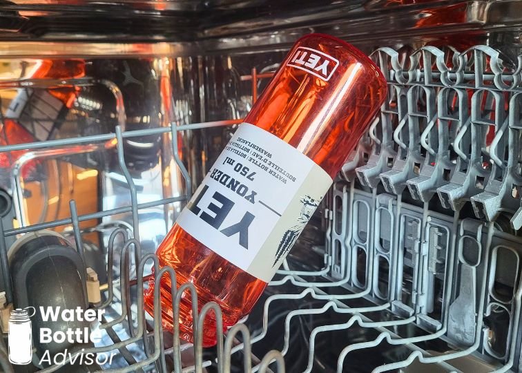 YETI Yonder 25 oz bottle placed upside down in a dishwasher rack